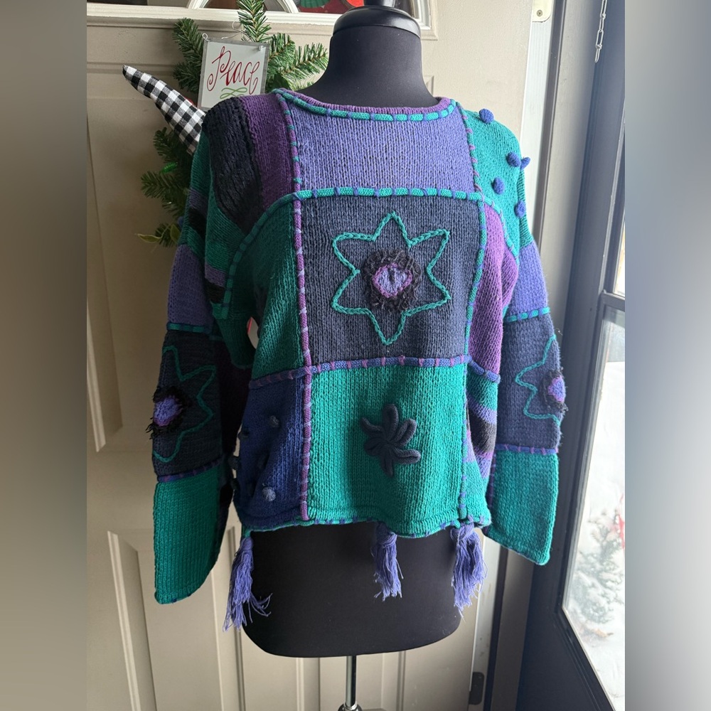 Vintage 90s Express hand knit pom tassel color block sweater, size large